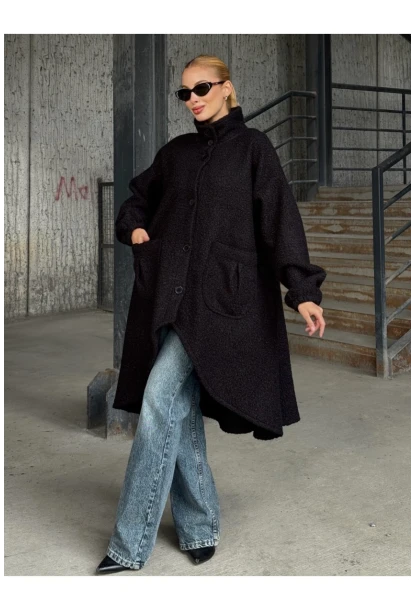 Geniş Çift Cepli Kalın Buklet Kumaş Mevsimlik Mont Siyah