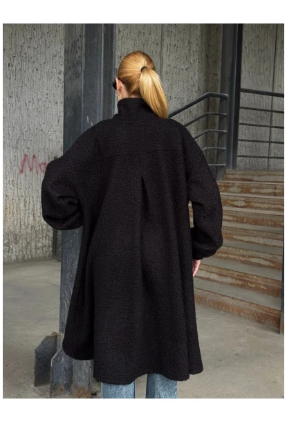 Geniş Çift Cepli Kalın Buklet Kumaş Mevsimlik Mont Siyah