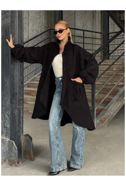 Geniş Çift Cepli Kalın Buklet Kumaş Mevsimlik Mont Siyah