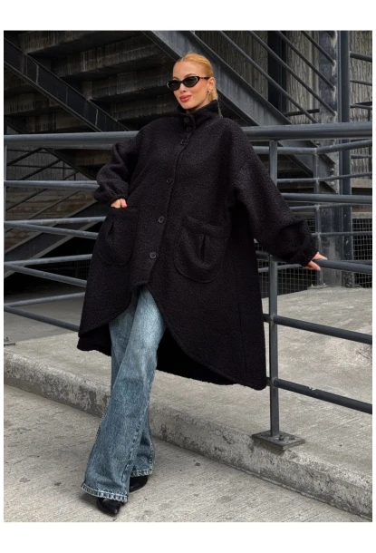 Geniş Çift Cepli Kalın Buklet Kumaş Mevsimlik Mont Siyah