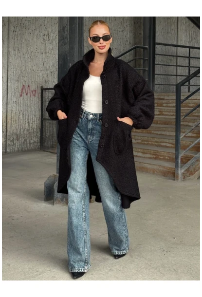 Geniş Çift Cepli Kalın Buklet Kumaş Mevsimlik Mont Siyah