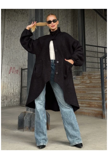 Geniş Çift Cepli Kalın Buklet Kumaş Mevsimlik Mont Siyah