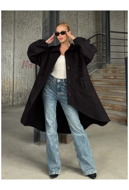 Geniş Çift Cepli Kalın Buklet Kumaş Mevsimlik Mont Siyah