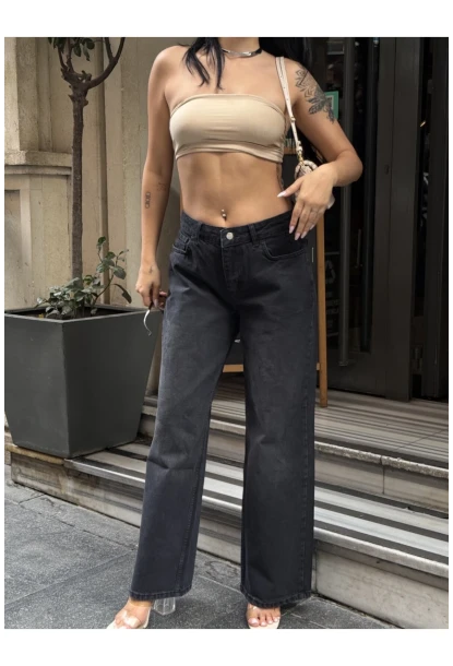 Geniş Paça Yüksek Bel Siyah Jean