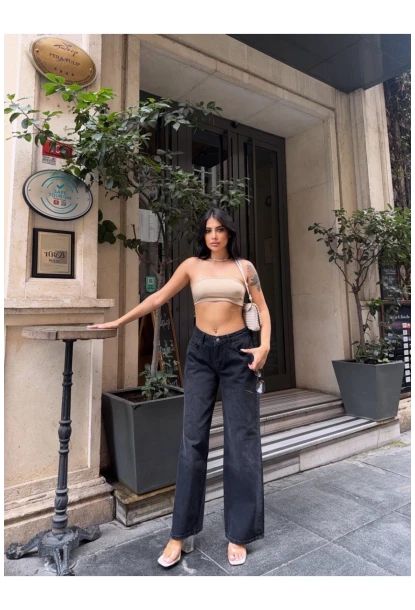 Geniş Paça Yüksek Bel Siyah Jean