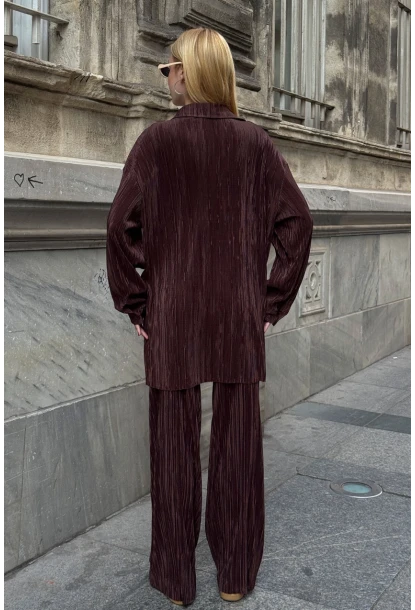 Gömlek ve Palazzo Pantolon Dokuma Alt Üst Takım Kahverengi