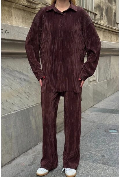 Gömlek ve Palazzo Pantolon Dokuma Alt Üst Takım Kahverengi