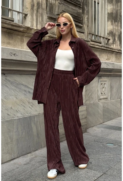 Gömlek ve Palazzo Pantolon Dokuma Alt Üst Takım Kahverengi