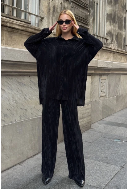 Gömlek ve Palazzo Pantolon Dokuma Alt Üst Takım Siyah