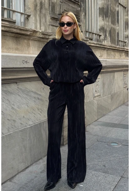 Gömlek ve Palazzo Pantolon Dokuma Alt Üst Takım Siyah