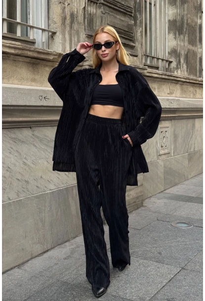 Gömlek ve Palazzo Pantolon Dokuma Alt Üst Takım Siyah