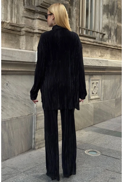 Gömlek ve Palazzo Pantolon Dokuma Alt Üst Takım Siyah