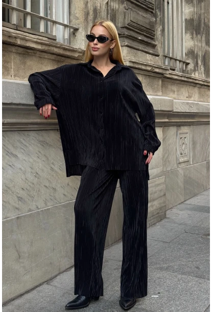 Gömlek ve Palazzo Pantolon Dokuma Alt Üst Takım Siyah