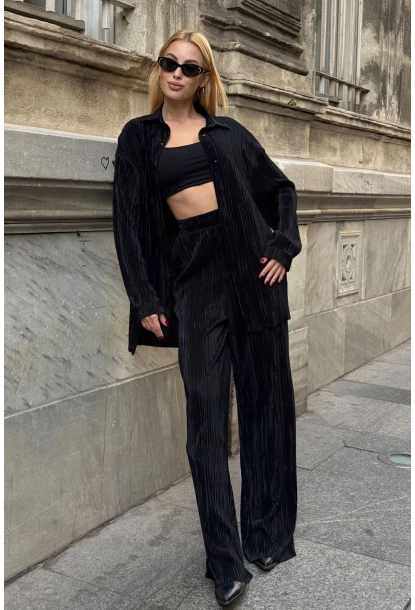 Gömlek ve Palazzo Pantolon Dokuma Alt Üst Takım Siyah