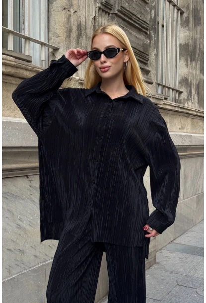 Gömlek ve Palazzo Pantolon Dokuma Alt Üst Takım Siyah