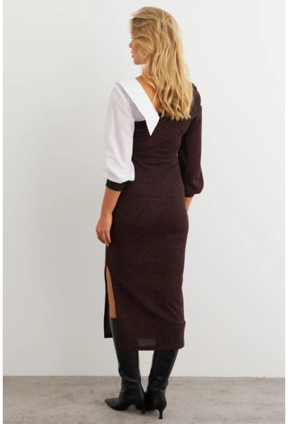 Kadın Acı-Kahve Blok Kumaşlı Asimetrik Yaka Maxi Elbise KED4469