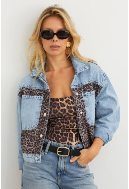 Kadın Açık-Mavi Bloklu Leopar Denim Ceket KAM300