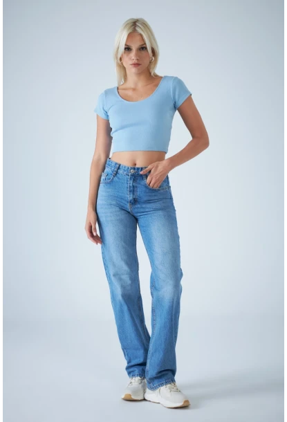 Kadın Açık Mavi Yüksel Bel Düz Kesim Jean TSS488