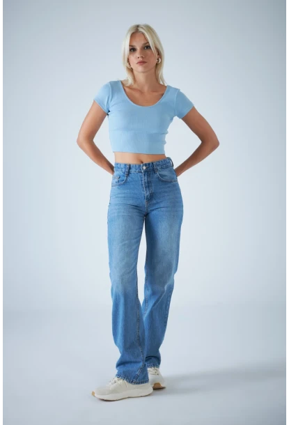 Kadın Açık Mavi Yüksel Bel Düz Kesim Jean TSS488