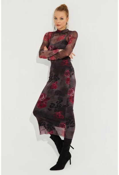 Kadın Antrasit Desenli Midi Tül Elbise YEL221355