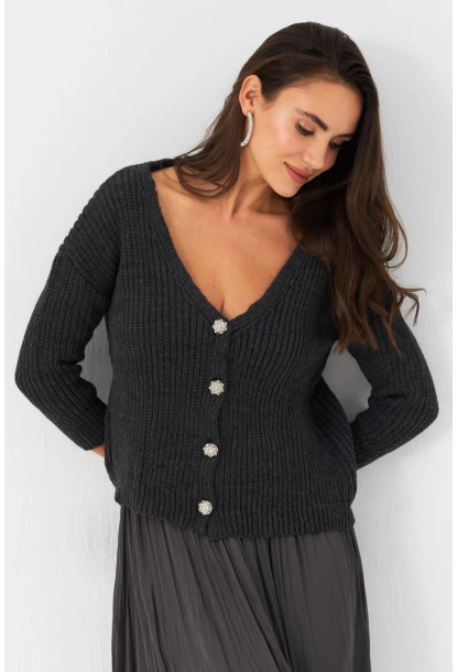 Kadın Antrasit Düğme Detaylı Hırka KAZ30