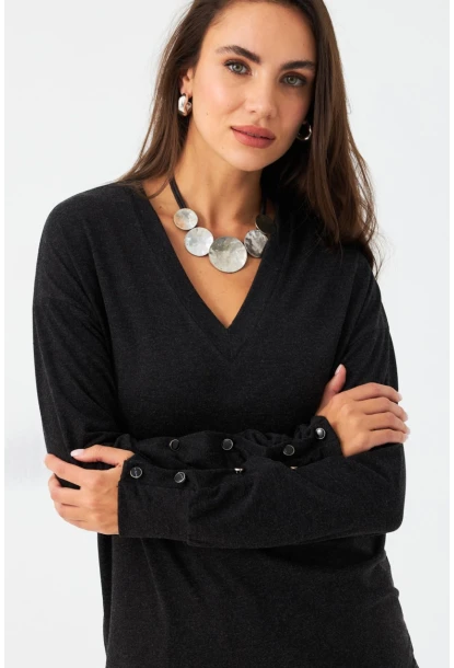 Kadın Antrasit Düğme Detaylı V Yaka Bluz EY2982