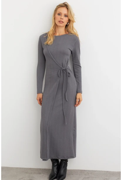 Kadın Antrasit Kruvaze Maxi Elbise COL31