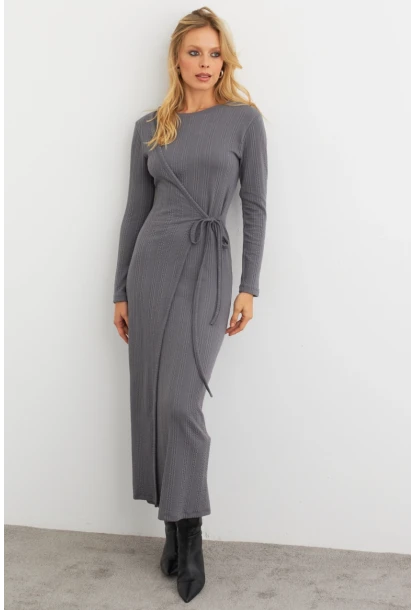 Kadın Antrasit Kruvaze Maxi Elbise COL31