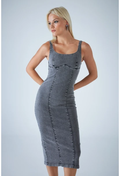 Kadın Antrasit Sırt Fermuarlı Midi Elbise TSS104