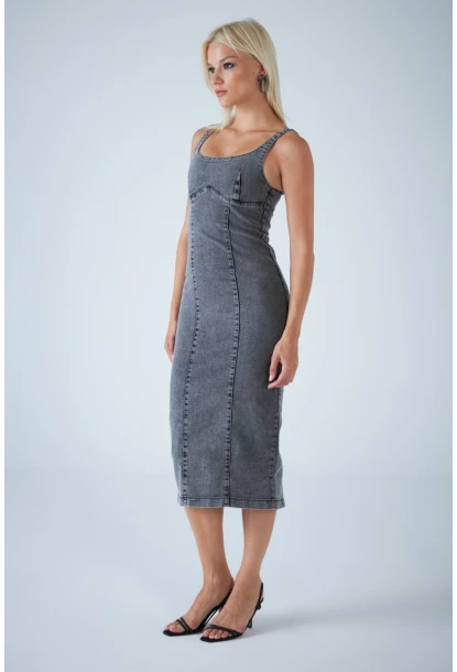 Kadın Antrasit Sırt Fermuarlı Midi Elbise TSS104