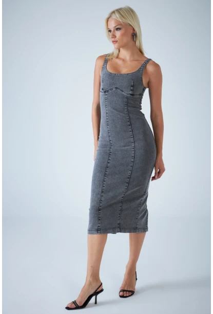 Kadın Antrasit Sırt Fermuarlı Midi Elbise TSS104