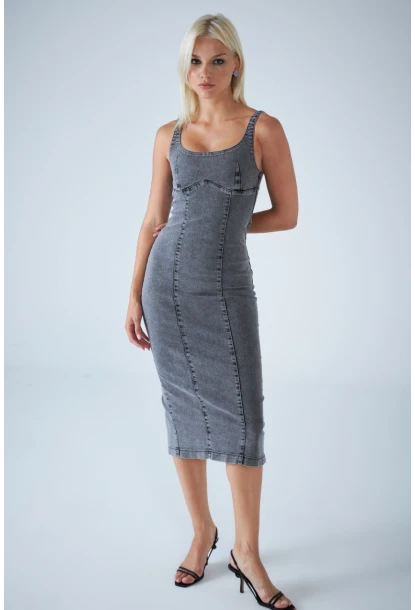 Kadın Antrasit Sırt Fermuarlı Midi Elbise TSS104