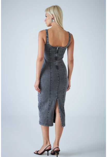 Kadın Antrasit Sırt Fermuarlı Midi Elbise TSS104