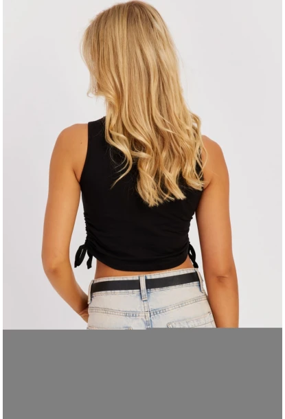 Kadın Badem-Siyah Yanları Bağcıklı Kolsuz Bluz MK09