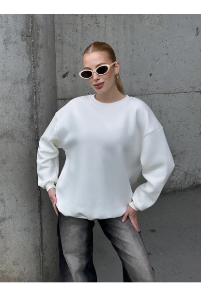 Kadın Basic Ekru Oversize Sweatshirt