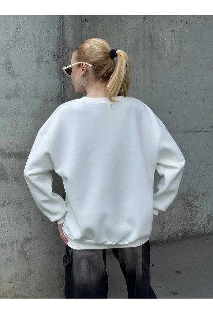 Kadın Basic Ekru Oversize Sweatshirt