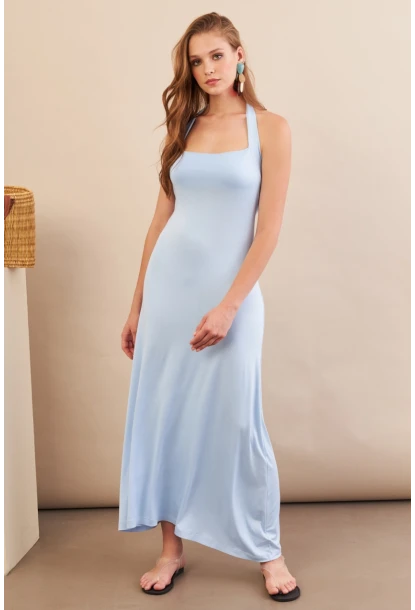 Kadın Bebe Mavi Boyun Bağlamalı Halter Midaxi Elbise EY3113