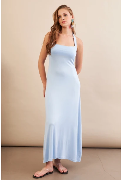 Kadın Bebe Mavi Boyun Bağlamalı Halter Midaxi Elbise EY3113