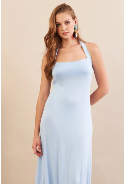 Kadın Bebe Mavi Boyun Bağlamalı Halter Midaxi Elbise EY3113