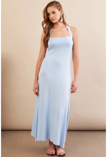 Kadın Bebe Mavi Boyun Bağlamalı Halter Midaxi Elbise EY3113