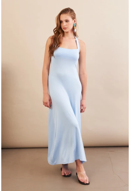 Kadın Bebe Mavi Boyun Bağlamalı Halter Midaxi Elbise EY3113