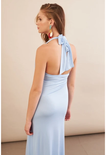 Kadın Bebe Mavi Boyun Bağlamalı Halter Midaxi Elbise EY3113