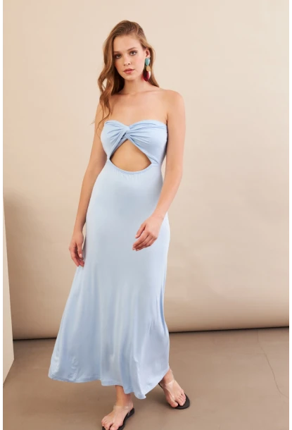 Kadın Bebe Mavi Düğümlü Pencereli Straplez Midi Elbise EY3109