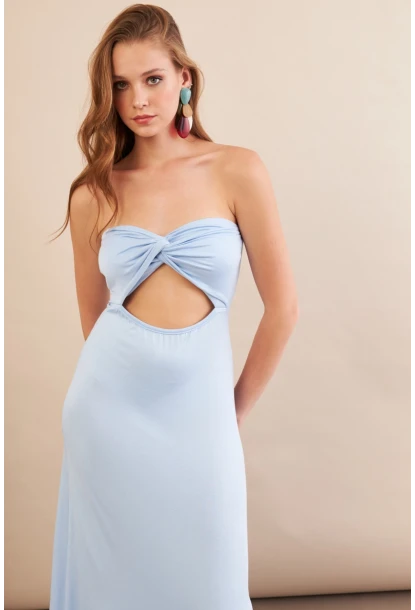 Kadın Bebe Mavi Düğümlü Pencereli Straplez Midi Elbise EY3109