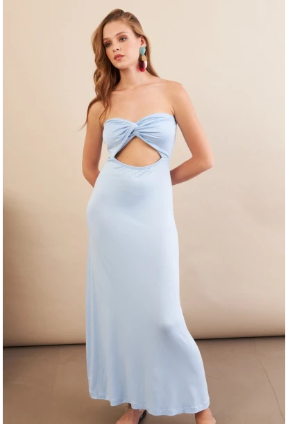 Kadın Bebe Mavi Düğümlü Pencereli Straplez Midi Elbise EY3109