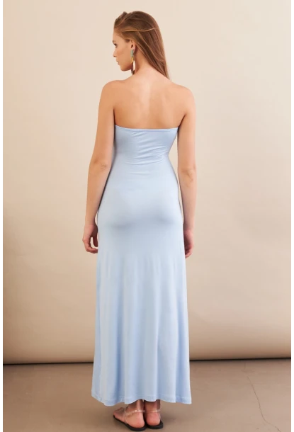 Kadın Bebe Mavi Düğümlü Pencereli Straplez Midi Elbise EY3109