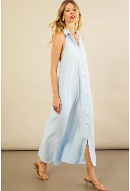 Kadın Bebe Mavi Sırtı Açık Maxi Gömlek Elbise ELN3132