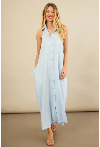 Kadın Bebe Mavi Sırtı Açık Maxi Gömlek Elbise ELN3132