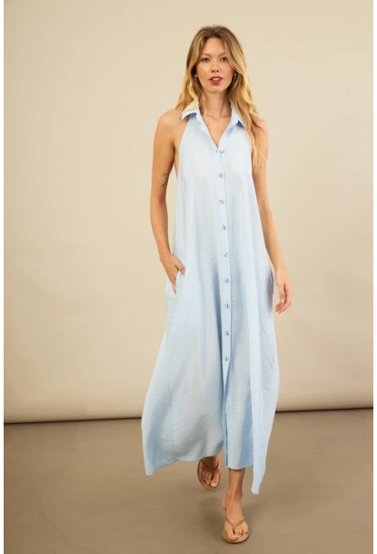 Kadın Bebe Mavi Sırtı Açık Maxi Gömlek Elbise ELN3132