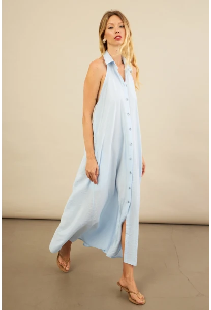 Kadın Bebe Mavi Sırtı Açık Maxi Gömlek Elbise ELN3132